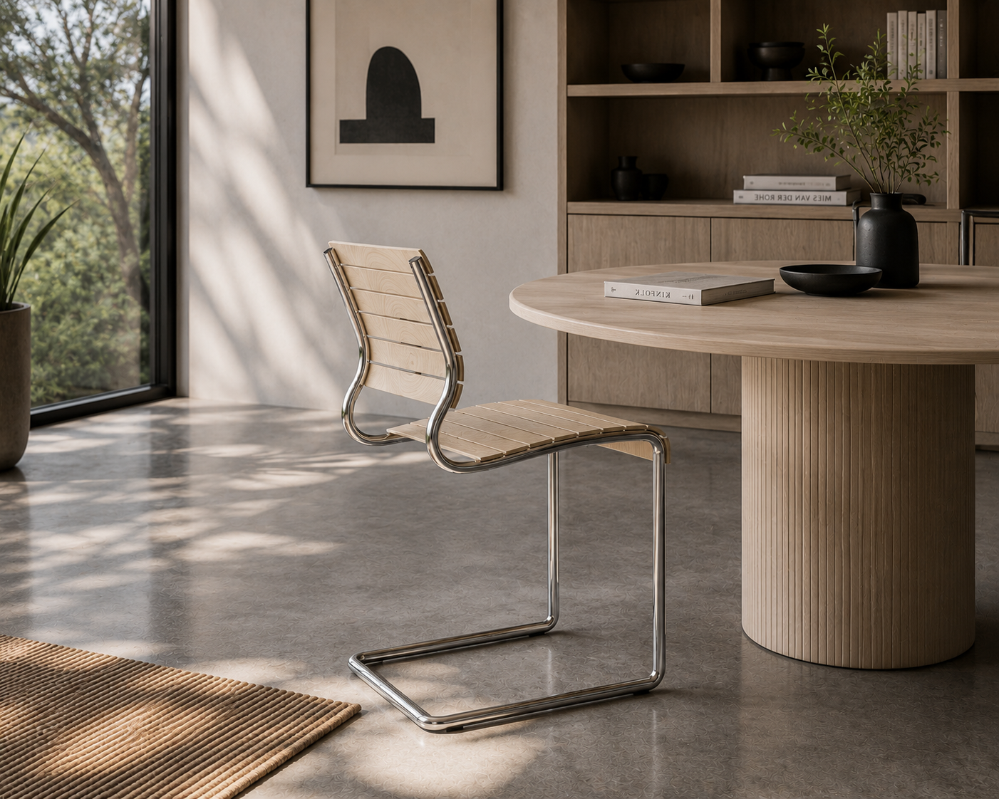 K1 Chair with adaptive ash slats and chrome frame in a contemporary dining interior