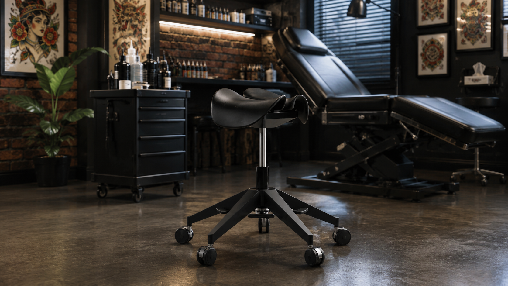 Portable ergonomic stool shown in a professional tattoo studio