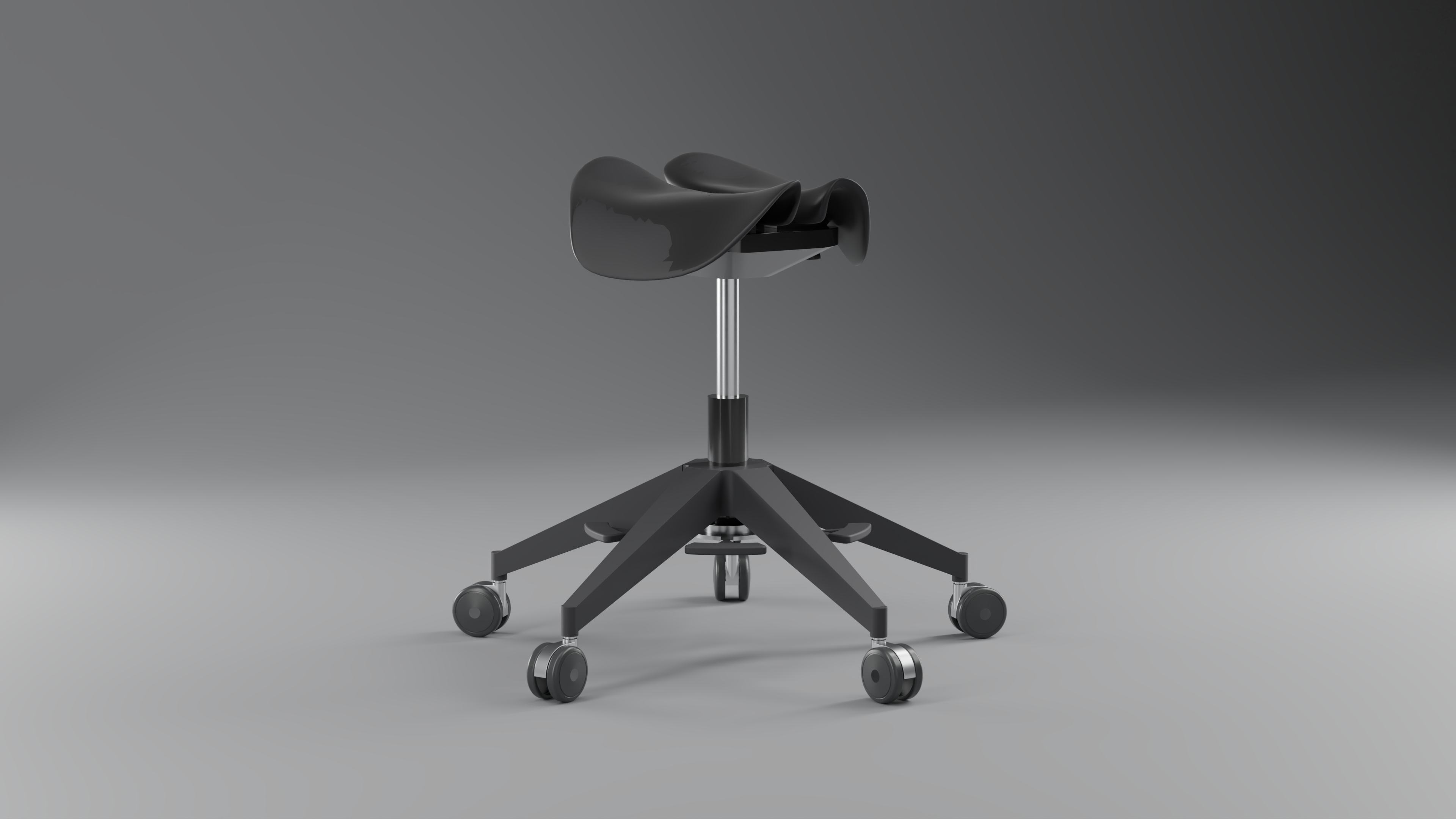 Three-quarter design-development render of the portable ergonomic stool
